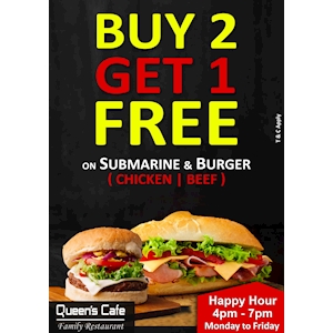Buy 2 and Get 1 Free on Submarines and Burger from Queen's Cafe