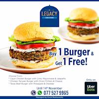 Buy one burger & Get one Free on Uber Eats from LEGACY food studio Excel world