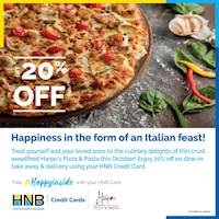 20% off on dine-in, takeaway, and food delivery for bills above LKR 2,000 at Harpo's Pizza using your HNB Credit Card!