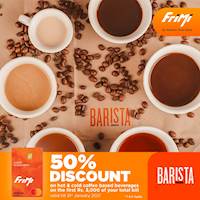 Enjoy a 50% Discount for all hot and cold coffee based beverages on the first Rs. 3,000 of your total bill at Barista for your FriMi Debit Card