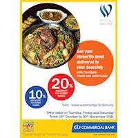 Get your favourite meal delivered to your doorstep from Waters Edge with ComBank Credit and Debit Cards