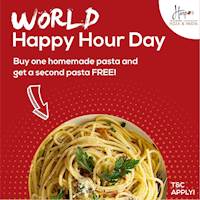 Buy one pasta and get a second pasta FREE at Harpo's Pizza