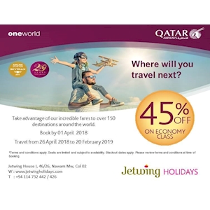 45% Off on Economy Class at Qatar Airways from Jetwing Holidays