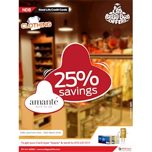 25% Off for NDB Cardholders at Amante