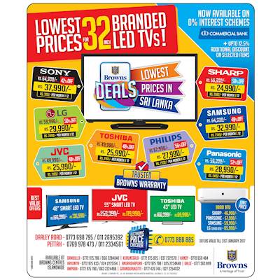 Lowest price for 32 inch Branded LED TVs from BROWNS DEALS until 31st January 2017