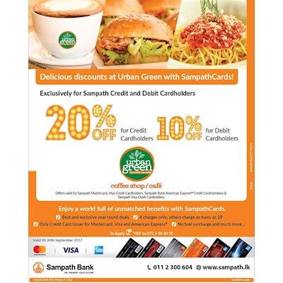 Delicious discounts at Urban Green exclusively for Sampath Credit and Debit Cardholders !! 