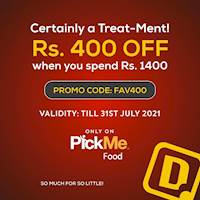 Get Rs.400 OFF when you spend Rs.1400 via PickMe Food at Dinemore
