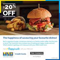 20% off on dine-in, takeaway & delivery at The Commons Coffee House for your bills above LKR 2,000 using your HNB Credit Card!