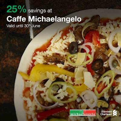 25% Savings on your STANDARD CHARTERED Credit cards at CAFFE MICHAELANGELO 