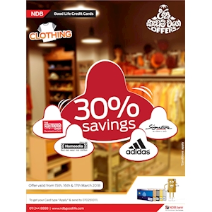 30% Off at the following outlets with NDB Cards this Avurudu season