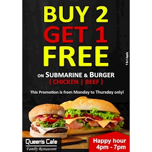 Buy 2 Get 1 Free on Submarine and Burgers from Queen's Cafe