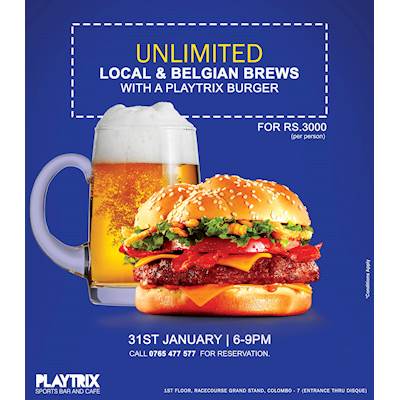 Unlimited local and Belgian Brews with a PLAYTRIX BURGER at PLAYTRIX SPORTS BAR AND CAFE on 31st January 2017